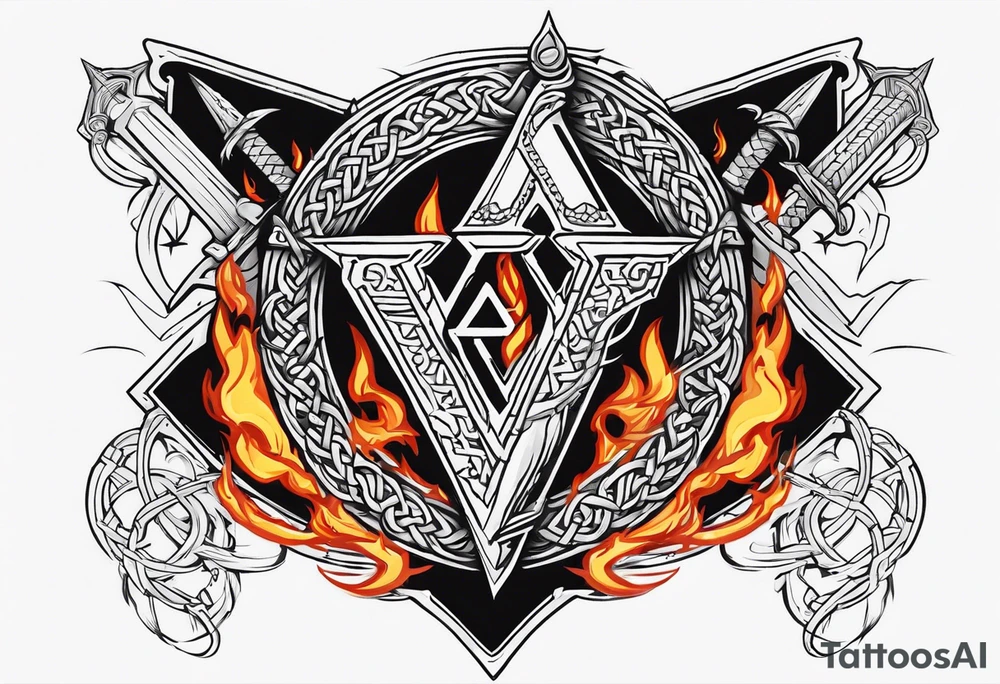 Valhalla sword shield dragon axe Valknut barbed wire chains fire tattoo idea