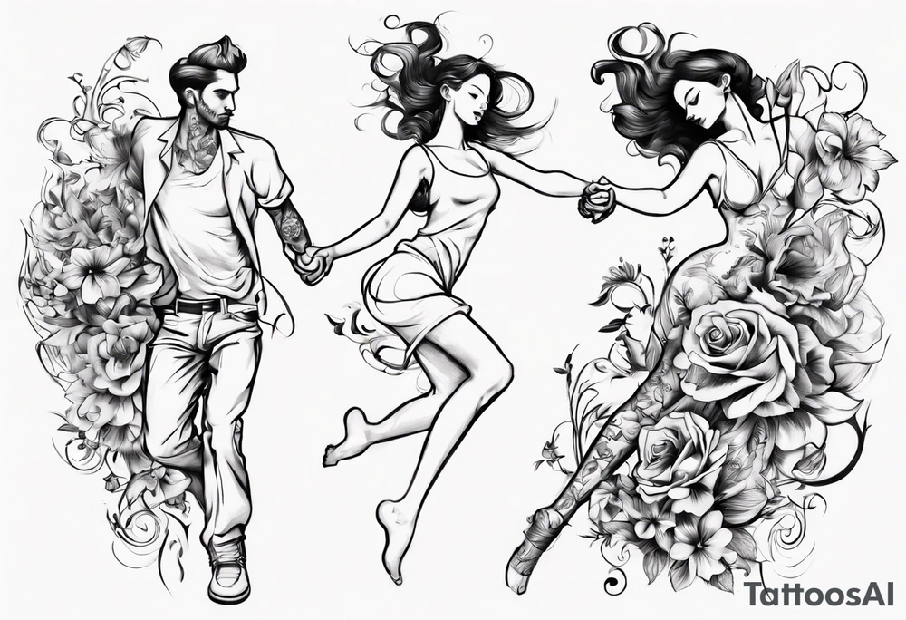 Dancing guy and girl into a flower tattoo idea