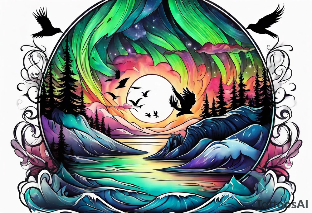 Northern lights with Pennywise and birds tattoo idea