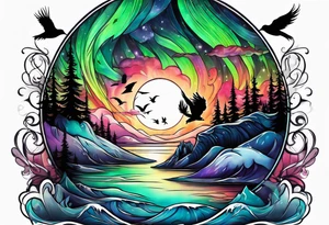 Northern lights with Pennywise and birds tattoo idea