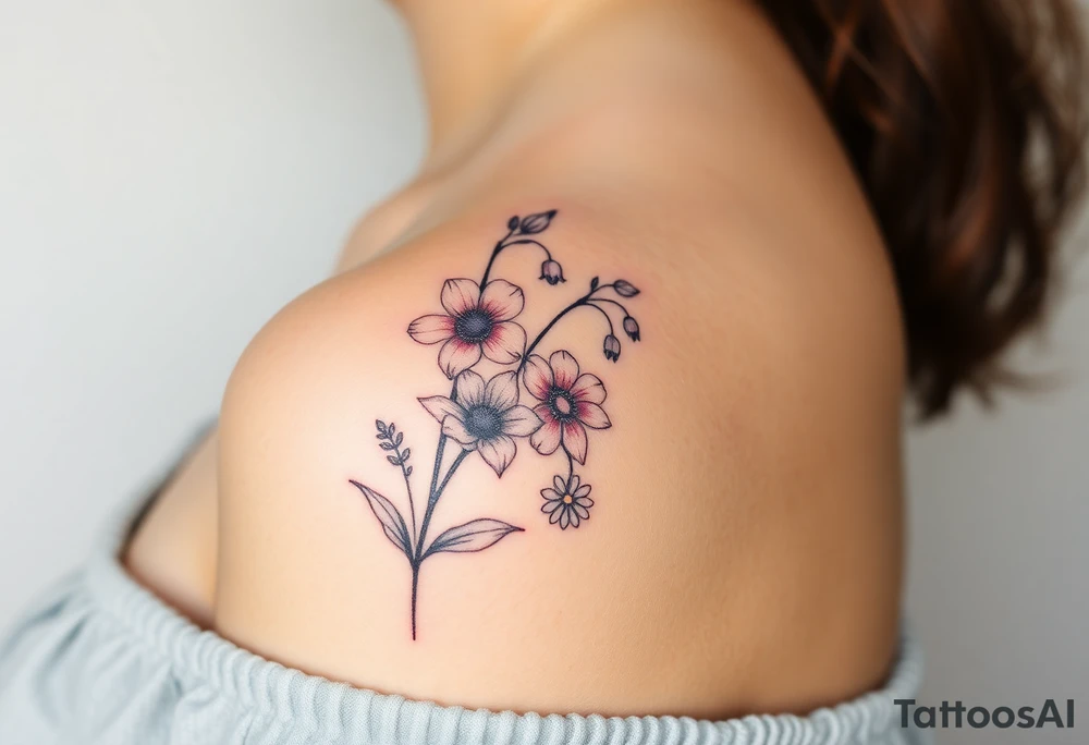 wrist tattoo with cosmos, lily of the valley, and chrysanthemum tattoo idea