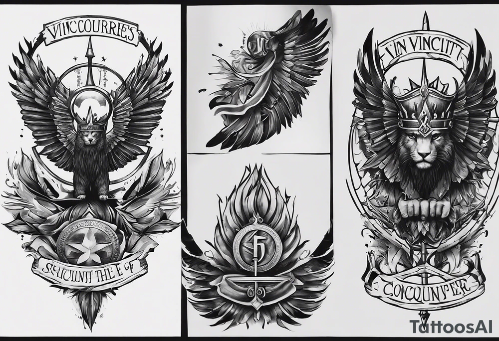The tattoo is spiritually driven, using the Latin quote "Vincit qui see Vincit," which translates to "He who conquers himself conquers the world." Create this tattoo using the ideas of the warrior spirit, discipline, and growth in all aspects of life. The tattoo will be on the forearm tattoo idea