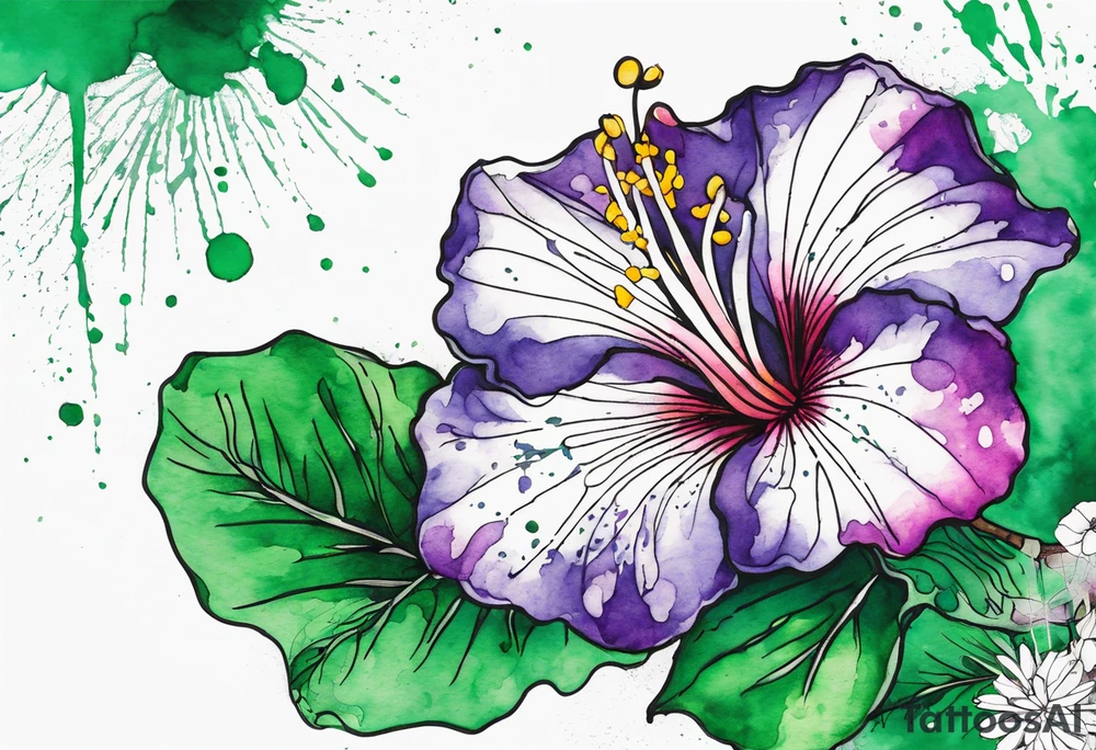 An outline of a rio dipladenia flower with a green and purple watercolor splatter in the background tattoo idea