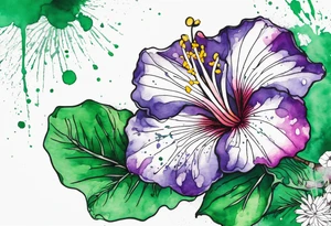 An outline of a rio dipladenia flower with a green and purple watercolor splatter in the background tattoo idea