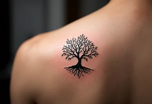 家 (jiā, “family”) in earthy brown is placed near a tree symbol for roots and legacy. tattoo idea