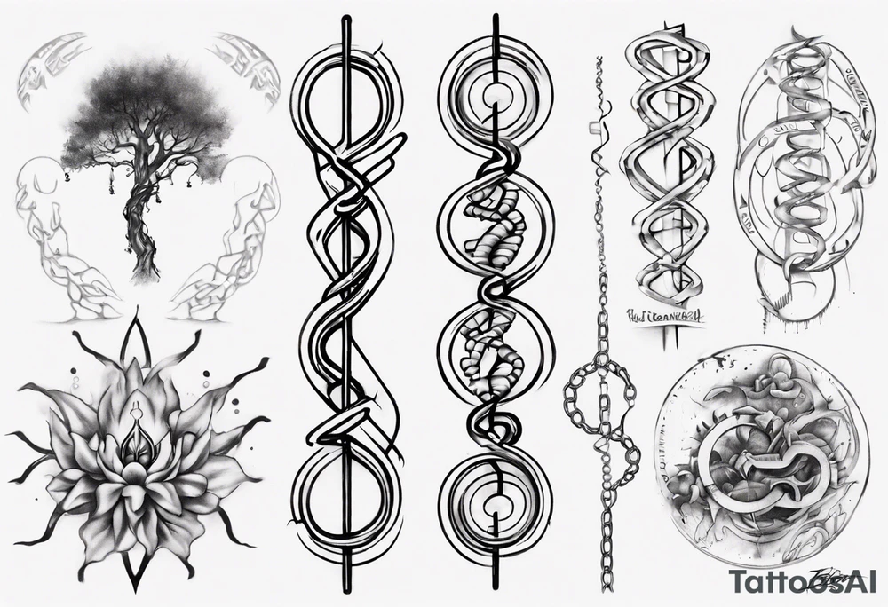 Create a tattoo sketch that visually represents my life journey and the evolution of mindfulness. Consider life as a DNA chain, where each link symbolizes key moments of my development and consciousness. Allow the images to change and transform, reflecting the evolution of my perception and self-understanding over time tattoo idea