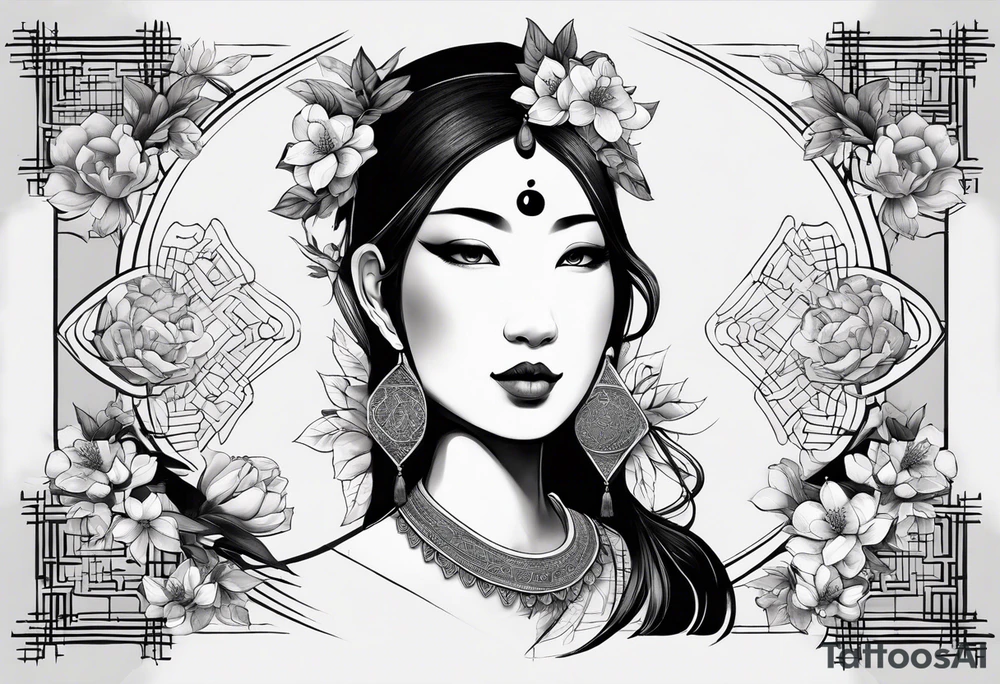 Very asymmetrical, +geometric pattern, with realistic full moon, with hippo, +zen feel, + Buddhism touch, +tribal, +geometric, +inkart 
with wintersweet flower bud, +portrait orientation, +inkart touch, tattoo idea