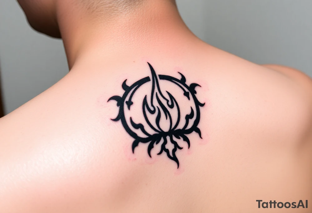 a flame imprisoned in a roots circle tattoo idea