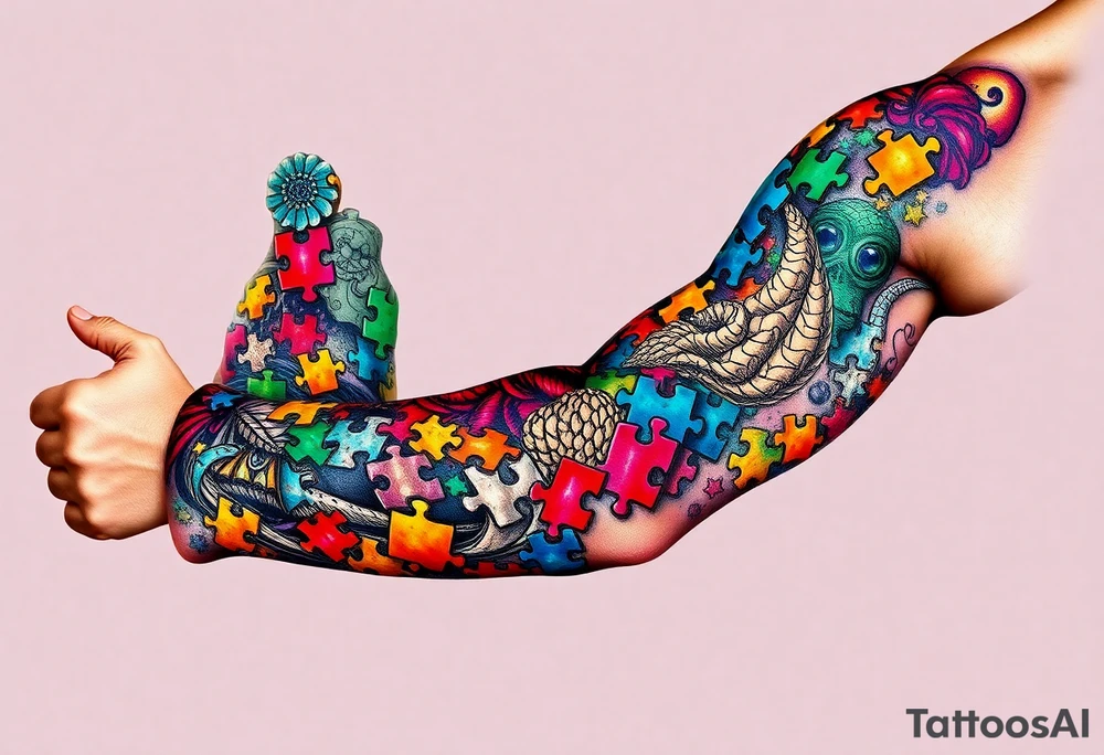 full left arm sleeve dedicated to my son with autism full color giving him the world autism awareness extra detail and lots of puzzle pieces tattoo idea