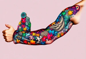 full left arm sleeve dedicated to my son with autism full color giving him the world autism awareness extra detail and lots of puzzle pieces tattoo idea