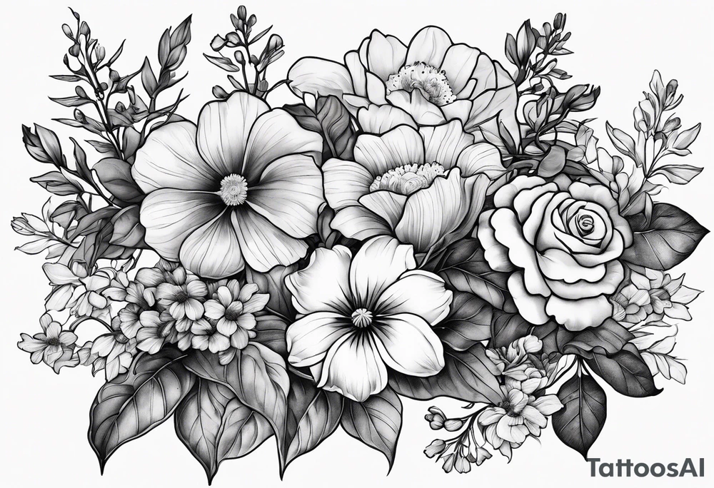 black and gray bunch of flowers with stems and leaves, three violets, one daffodil, five daisies, one rose, one morning glory, two marigolds, one chysanthemum tattoo idea