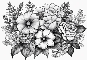 black and gray bunch of flowers with stems and leaves, three violets, one daffodil, five daisies, one rose, one morning glory, two marigolds, one chysanthemum tattoo idea