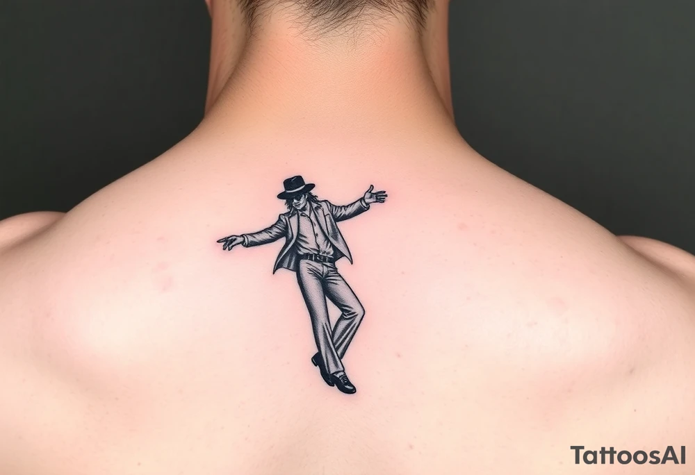 michael jackson tanzt den moonwalk. darunter tanzen mickie und minnie maus. notenzeilen schlängeln sich um alle 3

das motiv soll am bein zu sehen sein tattoo idea