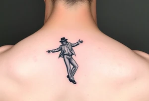 michael jackson tanzt den moonwalk. darunter tanzen mickie und minnie maus. notenzeilen schlängeln sich um alle 3

das motiv soll am bein zu sehen sein tattoo idea