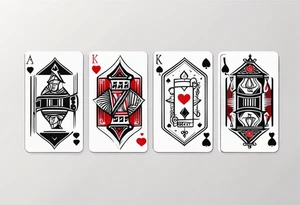 one combined tatto in minimalistic style with icon style three king of spades and icon style one queen of hearts. extreme minimalstic and few lines. much more minimalistic and fewer lines tattoo idea