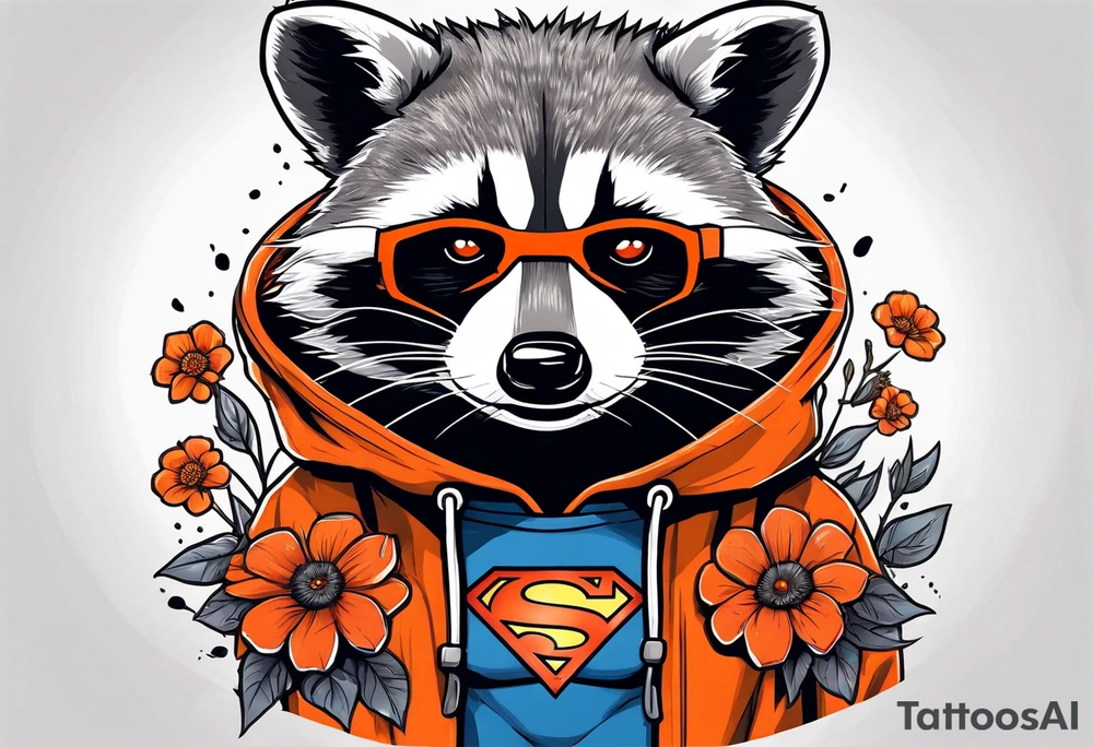 raccoon wearing a Superman hoodie with orange flowers tattoo idea