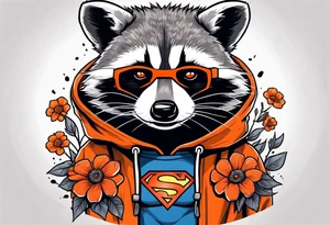 raccoon wearing a Superman hoodie with orange flowers tattoo idea