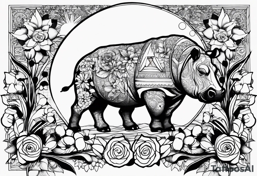 Hippo, flowers, moon, interstella , artic surreal, 
Extreme fine lines, +tribal, +geometric, develop from my favourites tattoo idea