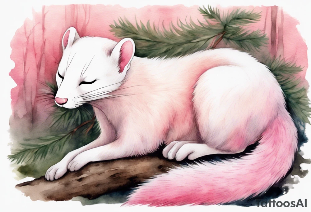 watercolor of an ermine covered in pink fur with a pink nose sleeping in a forest tattoo idea