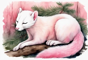 watercolor of an ermine covered in pink fur with a pink nose sleeping in a forest tattoo idea