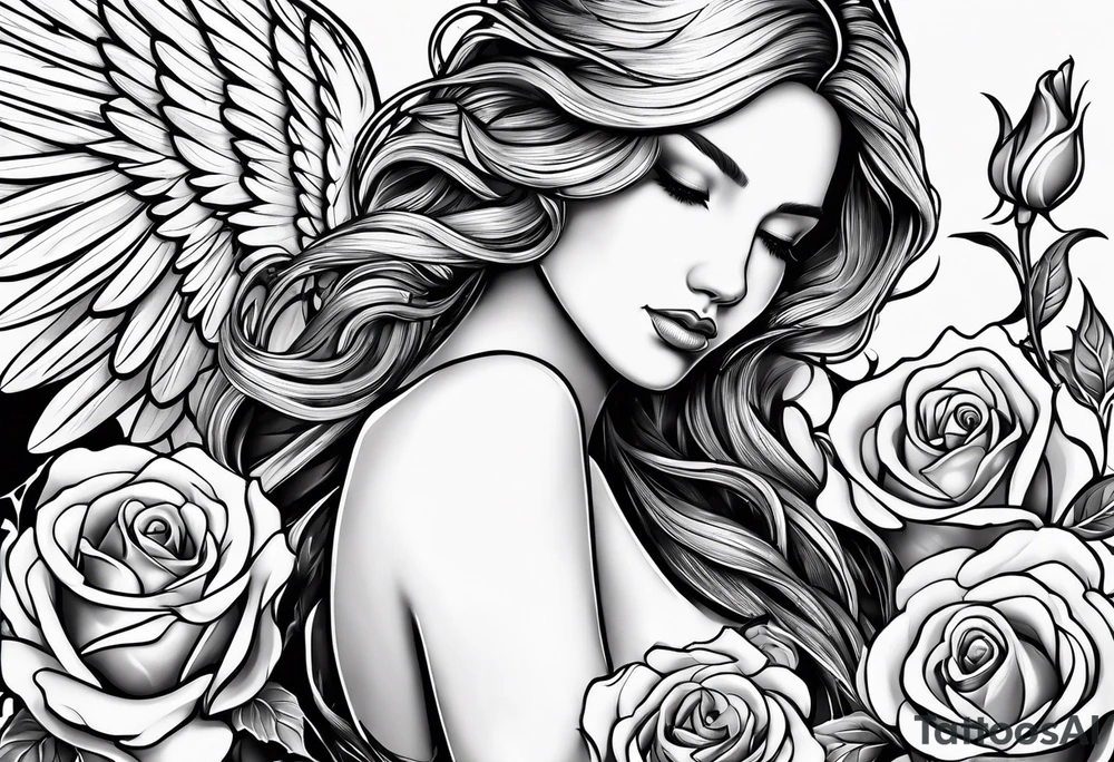Angel, roses, name MARTINA tattoo idea