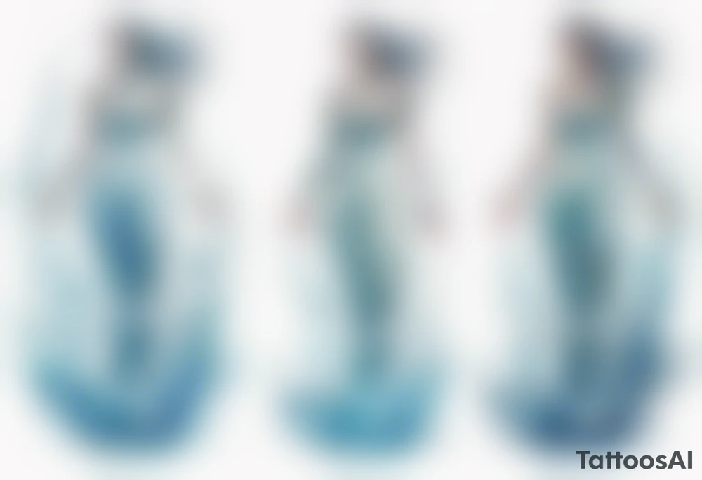 a tall transparent woman made of glass covered with water, sitting upon a wave tattoo idea