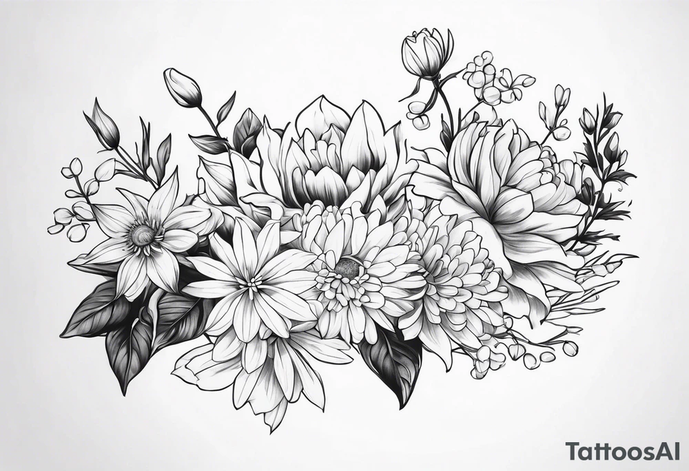 Asters, roses, lily of the valley, and chrysanthemums in a long line tattoo idea
