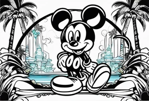 mickey mouse with palm trees looking like tron character tattoo idea