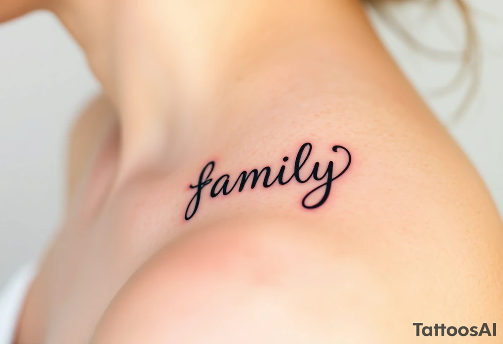 A flowing infinity symbol intertwined with the word "family" written in elegant cursive, symbolizing endless love and connection tattoo idea