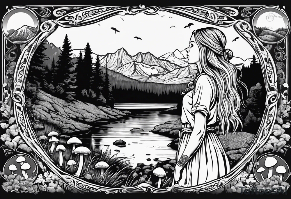 Whole picture encircled fully

Straight long blonde hair hippie girl in distance holding mushrooms in hand facing away toward mountains and creek surrounded by mushrooms long sleeve shirt and hiking pants; whole rendering within a full circle, no cut off circle tattoo idea