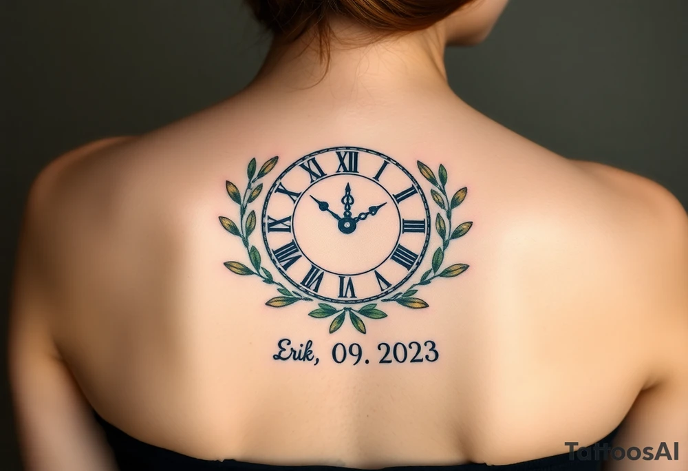 A Roman numeral clock surrounded by olive branches, with baby´s name "Erik" and birth date "24. 09. 2023 in muted green and gold tattoo idea