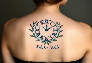 A Roman numeral clock surrounded by olive branches, with baby´s name "Erik" and birth date "24. 09. 2023 in muted green and gold tattoo idea