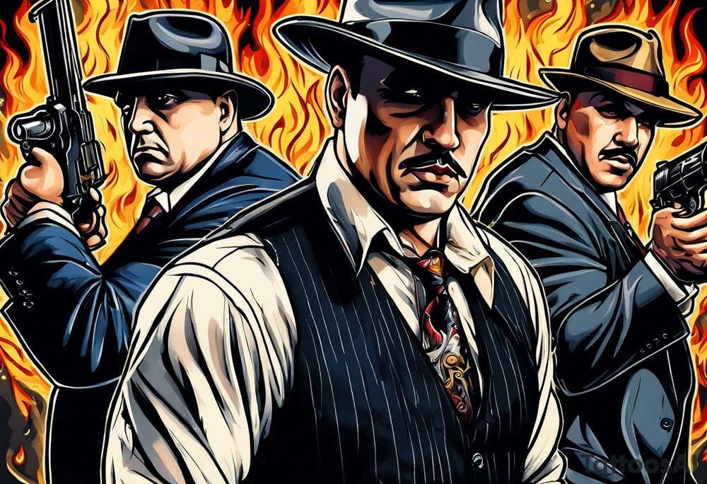 capone style gangsters having a shootout against a dark background scene with flames blues tattoo idea