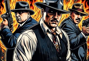 capone style gangsters having a shootout against a dark background scene with flames blues tattoo idea