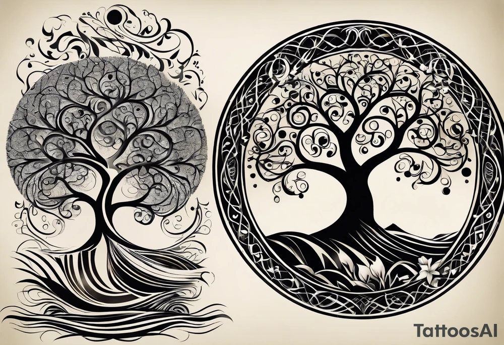 A tattoo design that incorporates the following elements: an abstract tree of life that has roots emerging  from the ground. Waves of water encapsulate the tree and wind around it in an organic way.  Incorporate music.   the letters U and A are overlapping and engraved into the tree. a golf ball incorporated but not prominent. tattoo idea