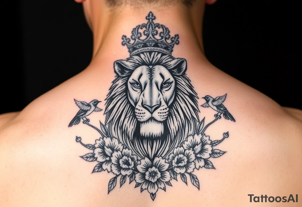 powerful majestic lion with a crown, surrounded by floral ornaments and birds tattoo idea