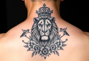 powerful majestic lion with a crown, surrounded by floral ornaments and birds tattoo idea