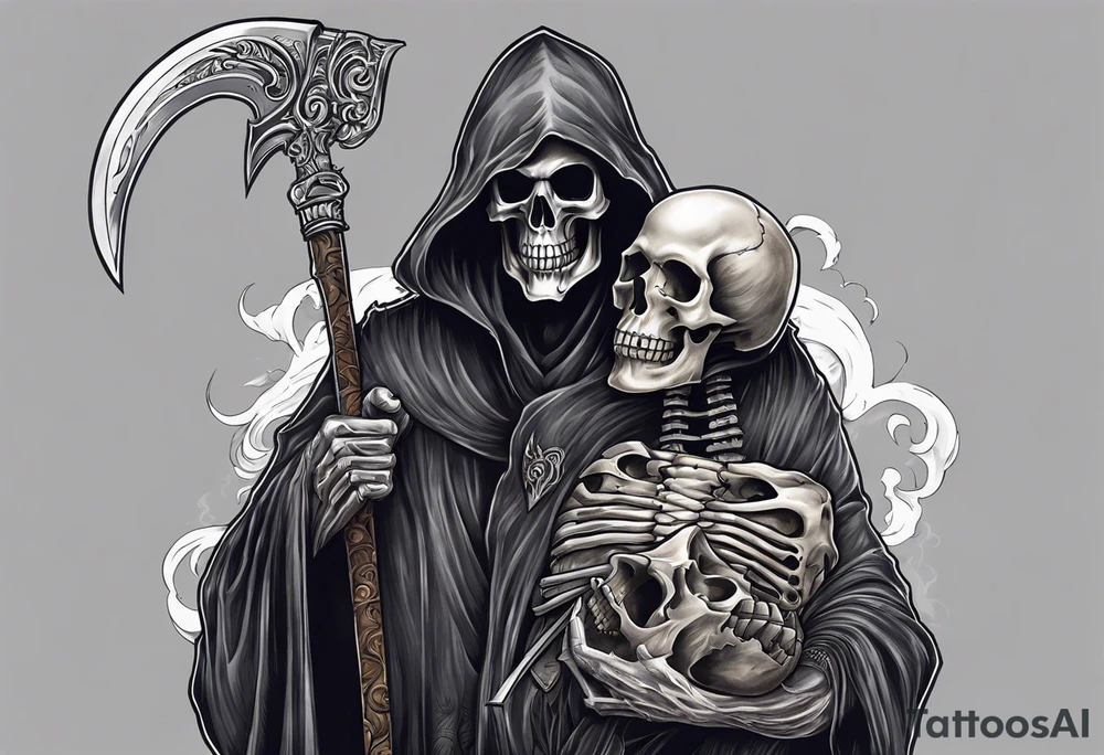 Grim Reaper holding a skull with smoky background tattoo idea