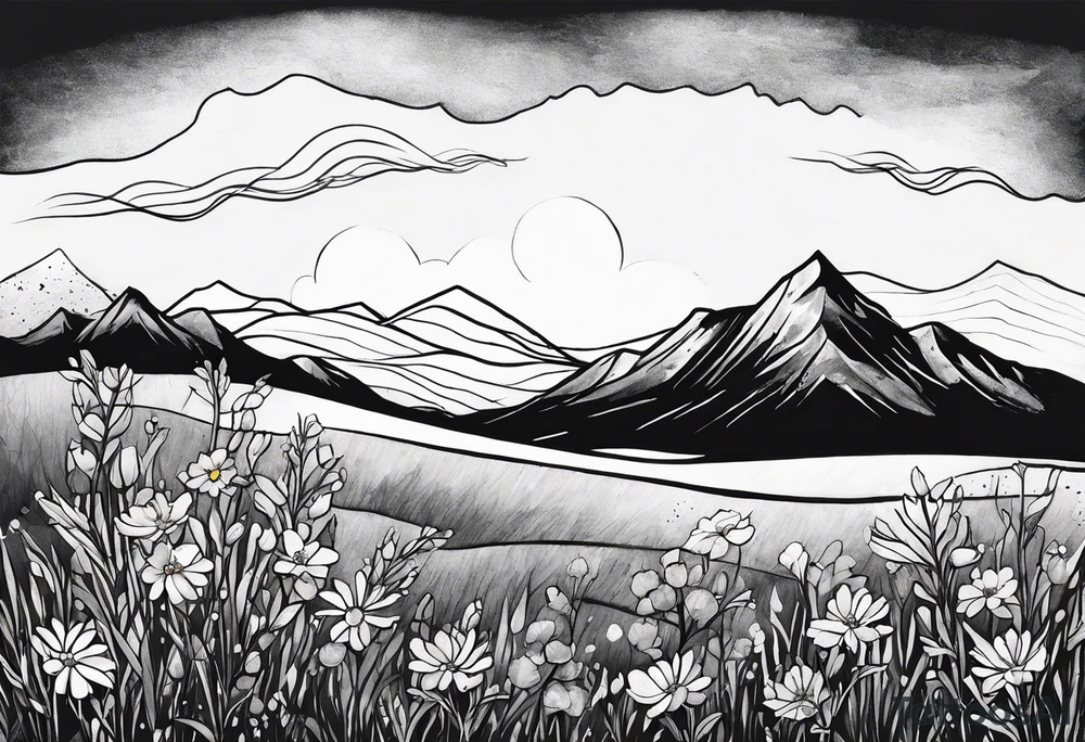 straight line - wildflower in watercolor represents overcoming challenges & strength - mountains, waves with a little sunshine tattoo idea
