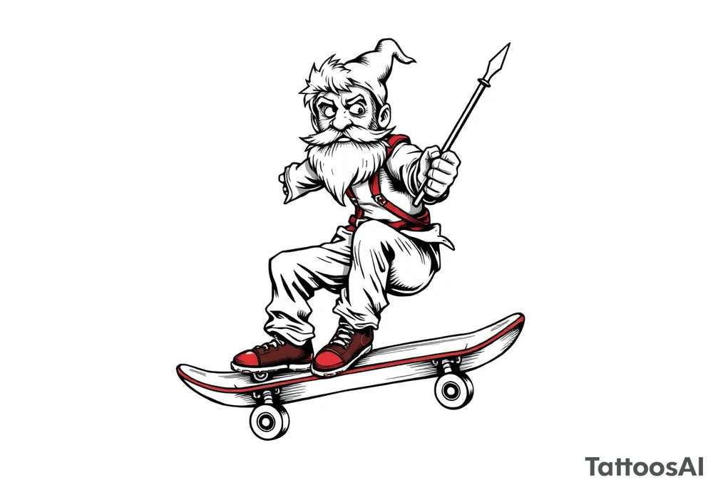 an old bearded peter pan riding a skateboard tattoo idea