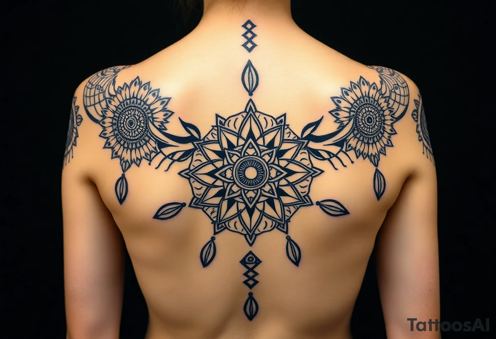 shaman symbols and mandalas and feathers wicca witch spiritual and sami culture big whole back tattoo idea