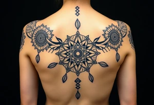 shaman symbols and mandalas and feathers wicca witch spiritual and sami culture big whole back tattoo idea