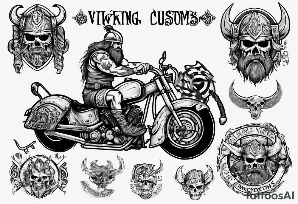 I want a detailed tattoo of a viking working on a motorcycle with the company name “Viking Customs” incorporated in the design tattoo idea