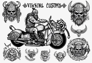 I want a detailed tattoo of a viking working on a motorcycle with the company name “Viking Customs” incorporated in the design tattoo idea