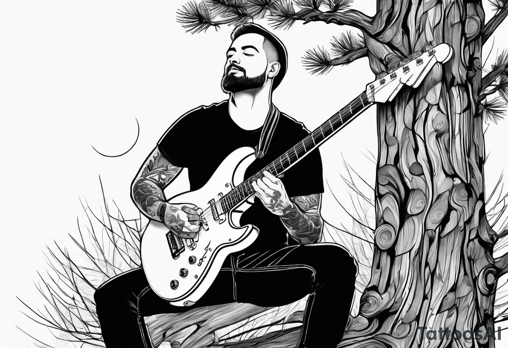 man playing electric guitar while sitting in a pine tree. simple tattoo idea man playing electric guitar while sitting in a pine tree. simple tattoo idea