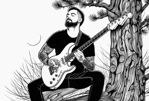 man playing electric guitar while sitting in a pine tree. simple tattoo idea