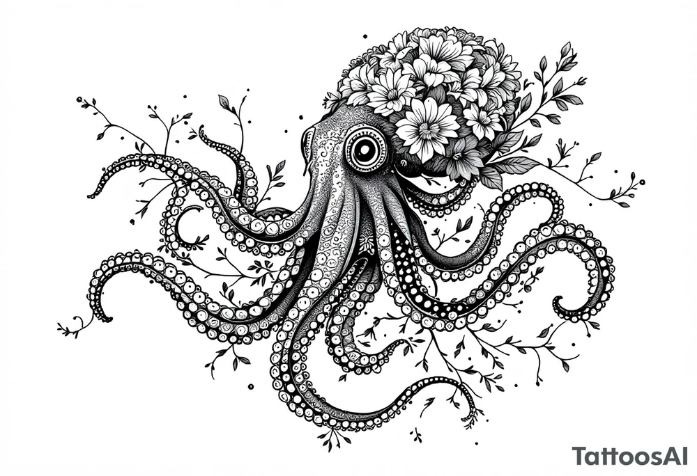 realistic octopus, detailed linework, intricate, black-and-grey shading, surrounded by floral ornaments, intertwining and merging with flowers, thin black swirling lines, semi-transparent brown leaves, dotwork, ornamental flourishes, radiating design, fine-line style, minimalistic, organic flow, feminine, artistic, slightly surreal, seamless composition, marine botanical fusion, lifelike texture, graceful rhythm, smooth shading, soft leaves wrapping, blooming shoulder flower, outward radiating pattern, vine tentacle flow, integrated sea creature, botanical octopus curved body placement, natural organic movement tattoo idea