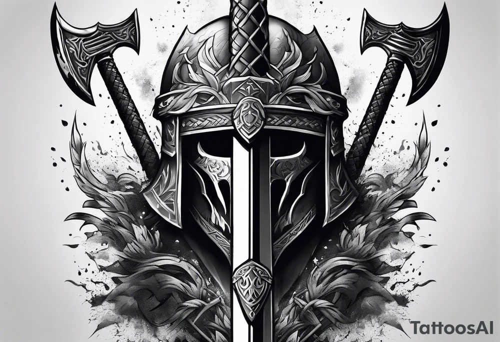 Valhalla sword shield axe mist fog tattoo idea