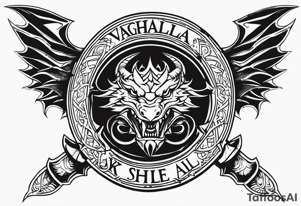 Valhalla sword shield dragon axe tattoo idea