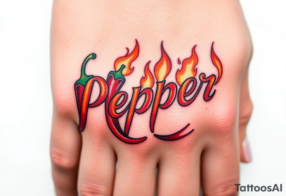 Chili pepper and fire lettering says Pepper Boy tattoo idea